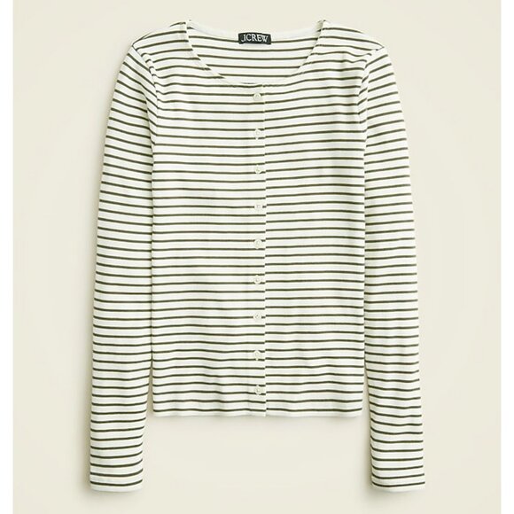New J.Crew Cotton Modal Striped Ribbed Cardigan Olive White Medium - Picture 2 of 7